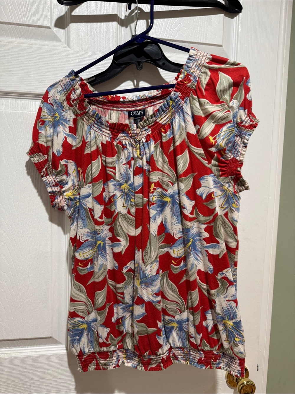 Chaps Red Floral Smocked-Neck Blouse 1X Excellent condition